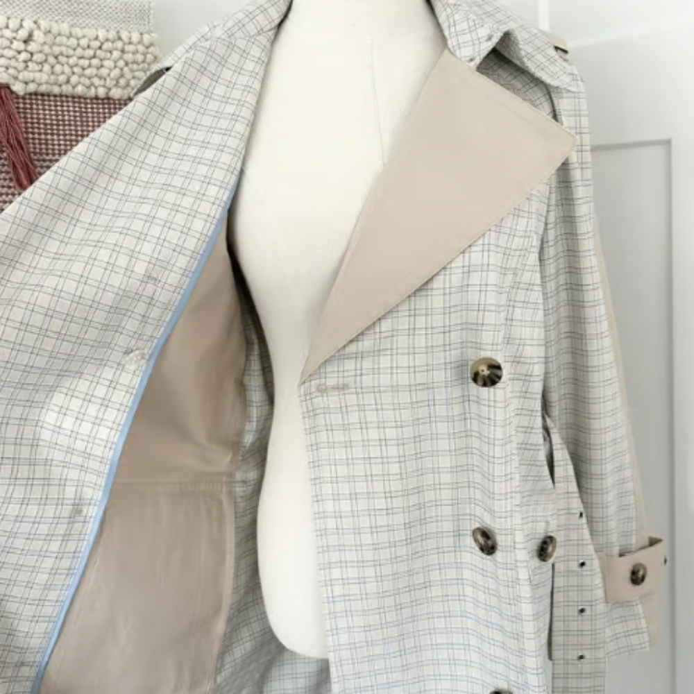 NWT AVEC LES FILLES Women's Mixed Media Plaid Cotton Trench Coat L - Picture 8 of 12